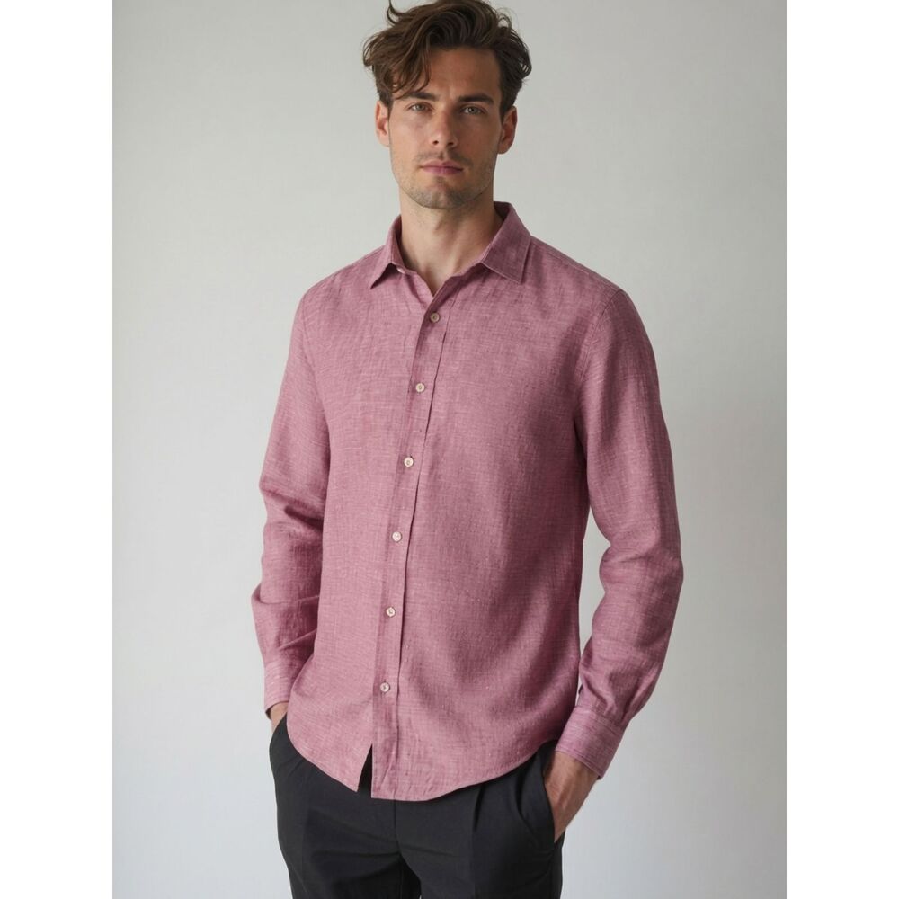 BLOOMINGDALES Shirt Mens XXL Dark Pink Button Up Long Sleeve 100% Linen